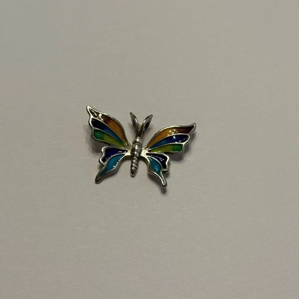 Butterfly Necklace Pendant Silver Orange Green Blue